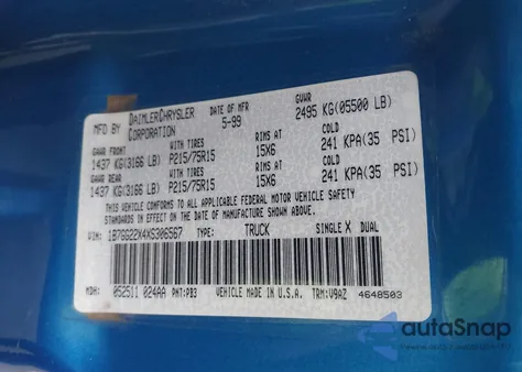 1999 Dodge Dakota Slt/Sport из США, поврежденный, VIN 1B7GG22X4XS306567